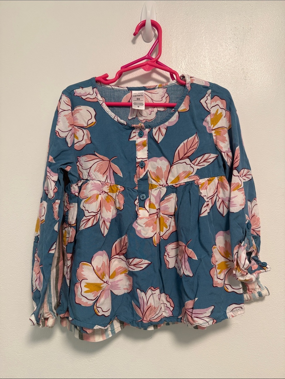 Carter's Lot. Blue Floral Henley Pink & Yellow Blooms and Striped Top